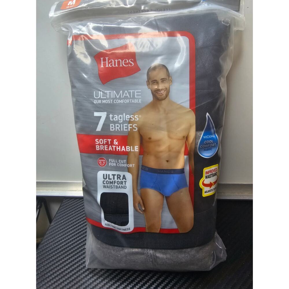 Hanes Men’s Briefs Medium 32-34” 7-Pk Ultimate Tagless Cool Comfort Black Gray